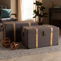Baxton Studio R87R537-2PC Trunk Set Stephen Modern and Contemporary Transitional Dark Brown Fabric Upholstered and Oak Brown Finished 2-Piece Storage Trunk Set